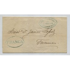 ARGENTINA 1850 GJ BUE 16 + BUE 15A PLIEGO CON MARCA PRECURSORA RENTA DE BUENOS AIRES + FRANCA EN COLOR VERDE AZULADO CIRCULADA A TUCUMAN, CON FECHA TENTATIVA MUY LINDA PIEZA U$ 110